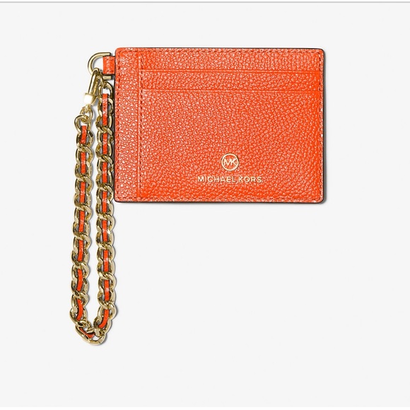 Michael Kors Small Pebbled Leather Chain Card Case Optic Orange NWT - Picture 8 of 10
